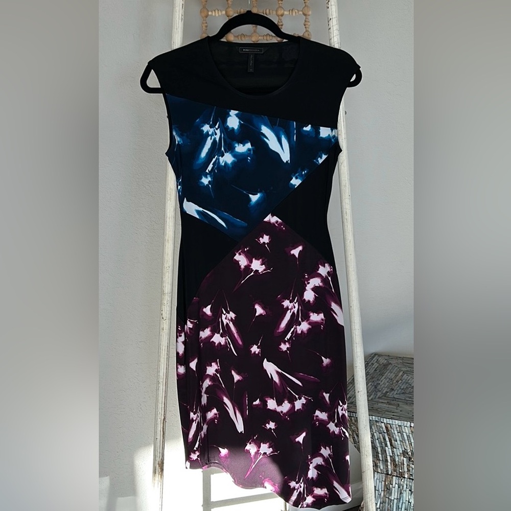 BCBG Max Azria Asymmetrical Hem Color block Printed  Dress Size XS EUC